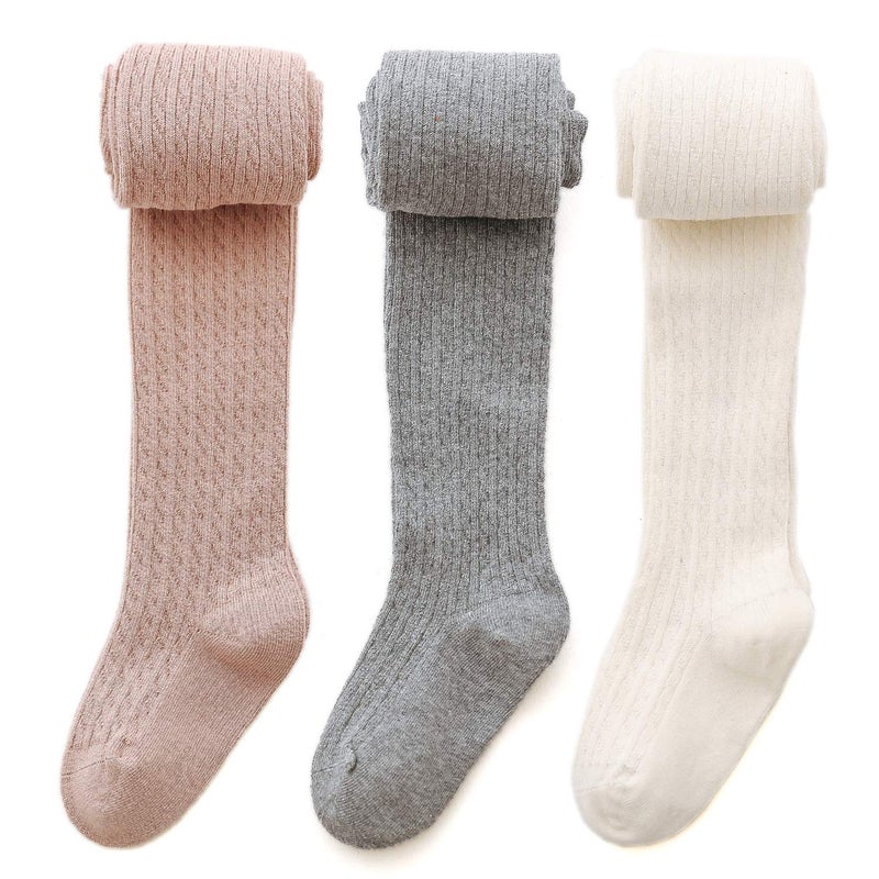 EPEIUS Girl Leggings Thick Cable Knit Kids Girl Warm Cotton Pantyhose Little Girl Stockings Dress Tights School Uniform, White Pink Grey, 6-8 Years - Image 1